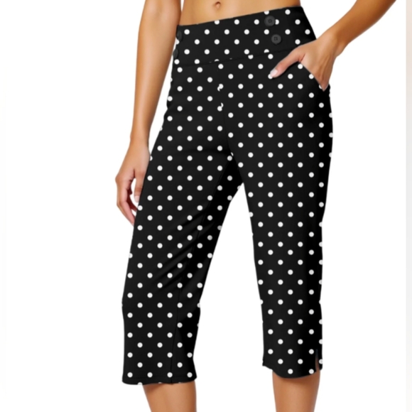 Rafaella Pants - Rafaella NWOT Black w/ White Polka Dot Capris Size 6P Petites Cotton Spandex On